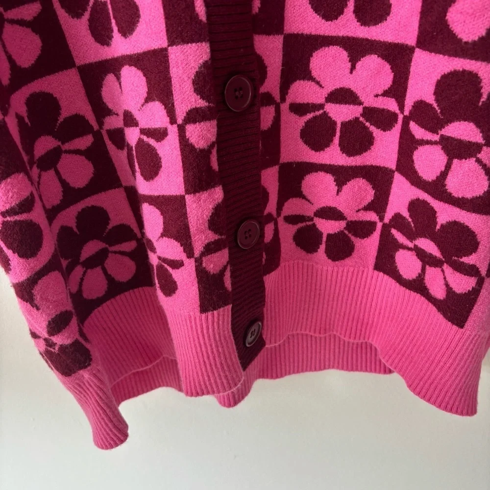 Pink Purple Floral Button Front Knit Cardigan Boho Groovy 70s Daisy Slouchy